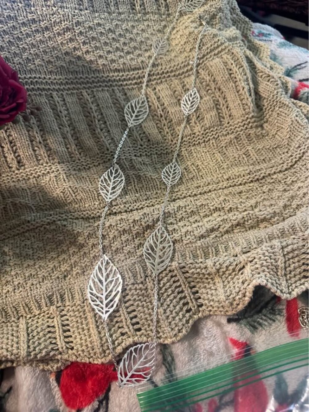 Silver-Toned Long Leaf Charm Necklace